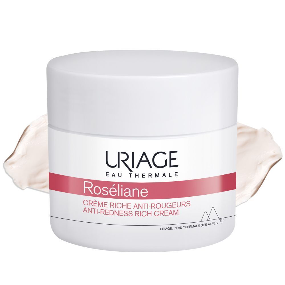 Uriage Roséliane Crème. Witte pot met deksel. Crème op de huid. Tekst en logo's.