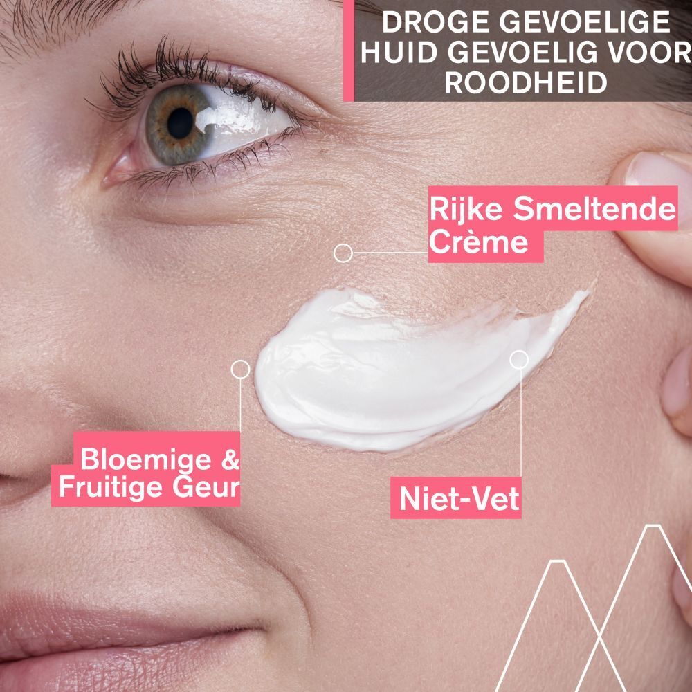 Uriage Roséliane Crème. Gezicht met crème. Tekst en logo's. Crème-applicatie.