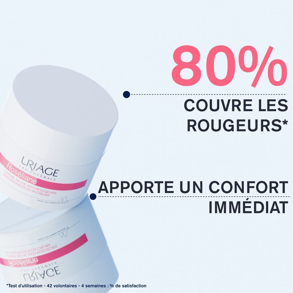 Uriage Roséliane Crème. Pot blanc. Texte et logos. 80% couvre les rougeurs.