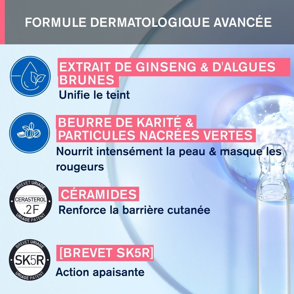 Uriage Roséliane Crème. Texte et logos. Ingrédients : Ginseng, algues, beurre de karité, céramides.