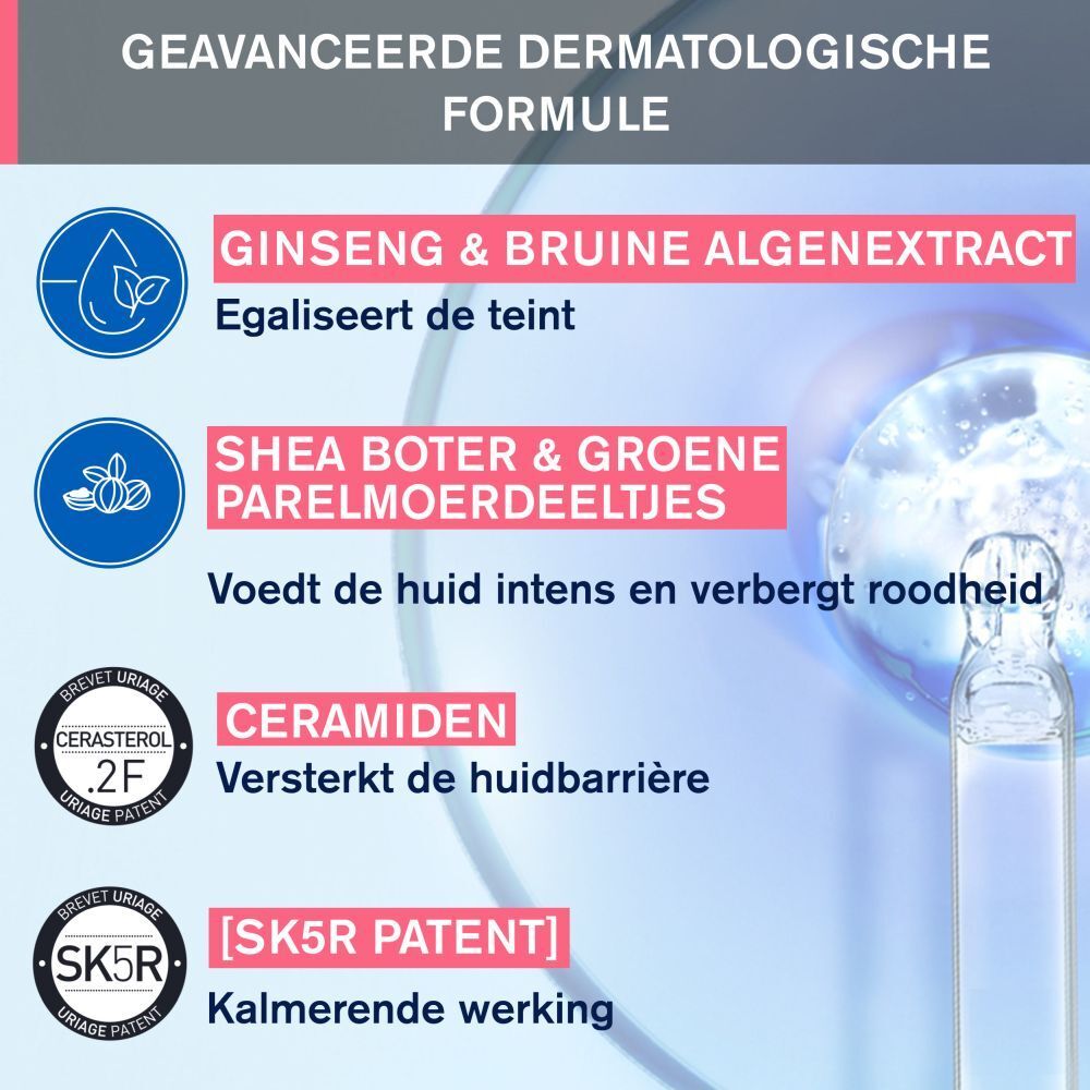 Uriage Roséliane Crème. Tekst en logo's. Ingrediënten: Ginseng, algen, sheaboter, ceramiden.