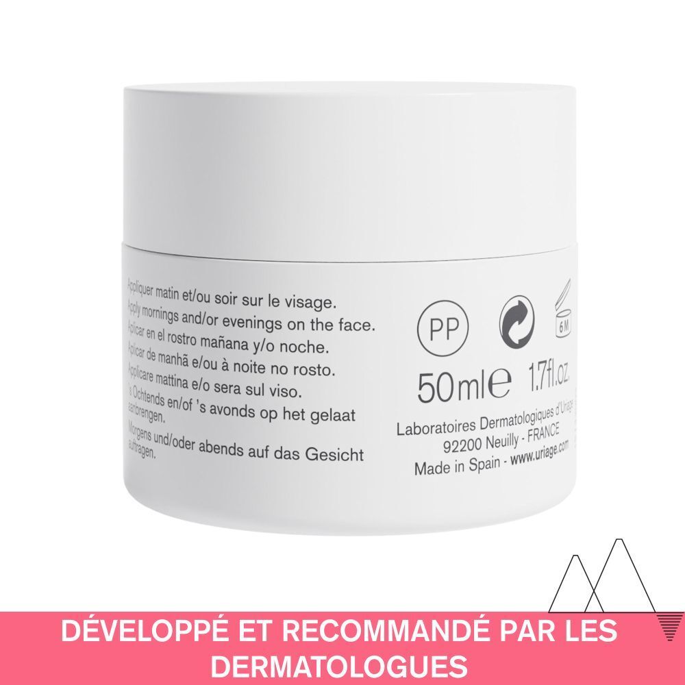 Uriage Roséliane Crème. Pot blanc avec couvercle. Dos avec texte et logos. 50ml.