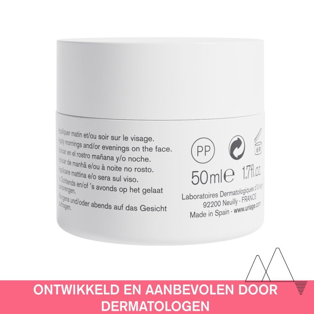 Uriage Roséliane Crème. Witte pot met deksel. Achterkant met tekst en logo's. 50ml.