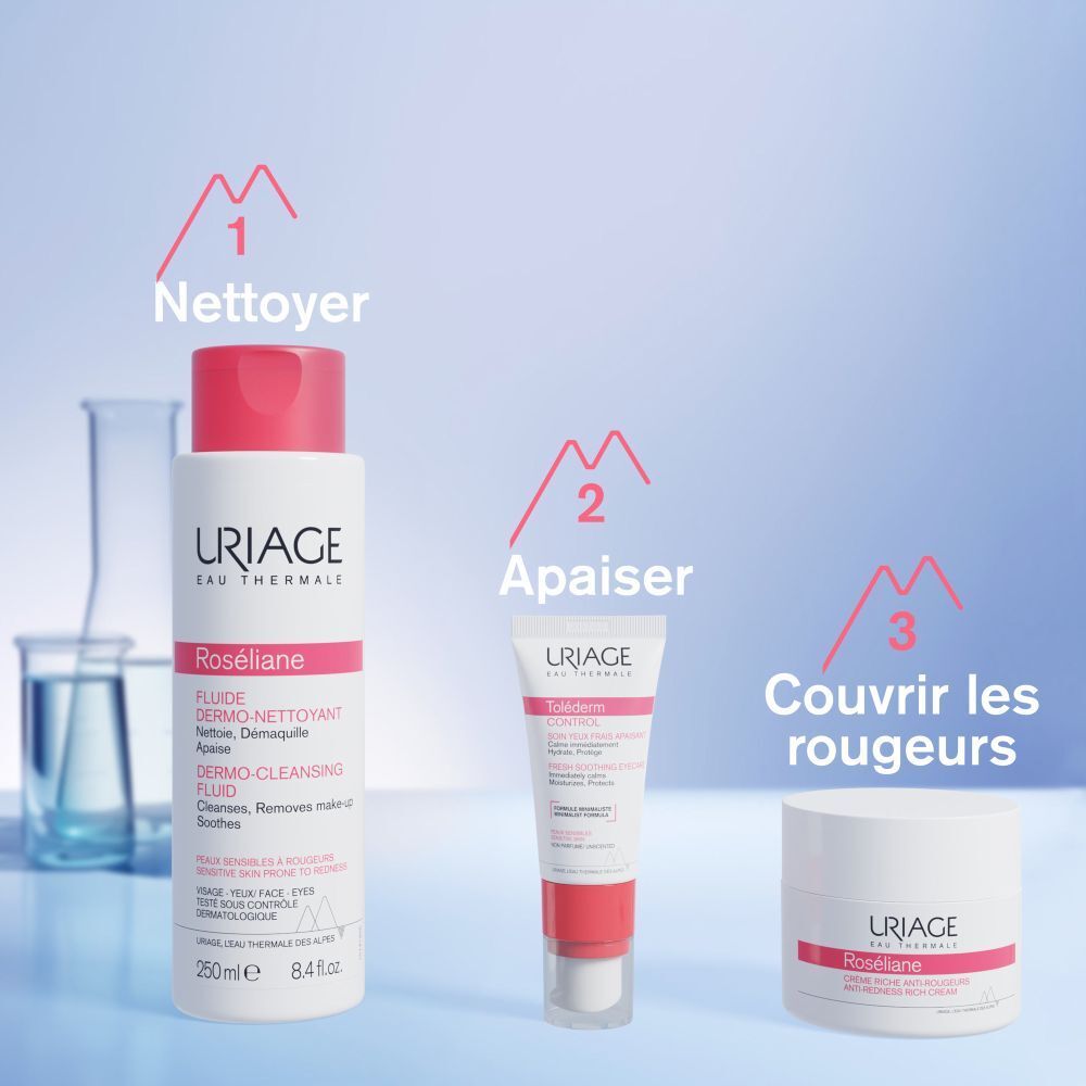 Uriage Roséliane. 3 produits : Nettoyer, Apaiser, Couvrir les rougeurs.