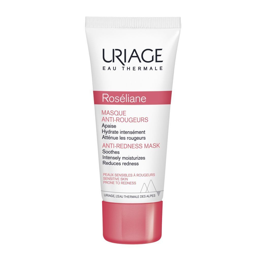 Witte tube met roze dop, Uriage Roséliane Anti-Rougeurs Mask. Tekst in het Nederlands en Engels.