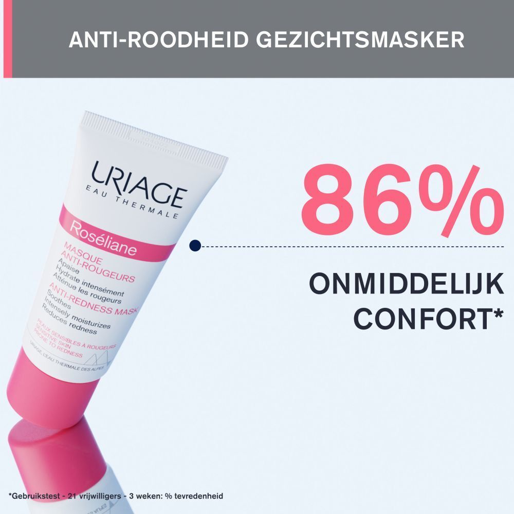 Witte doos Uriage Roséliane Anti-Rougeurs Mask. Productinformatie. 40ml, 1.35 fl.oz.