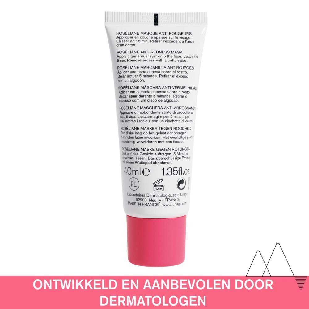 Witte doos Uriage Roséliane Anti-Rougeurs Mask. Productinformatie. 40ml, 1.35 fl.oz.