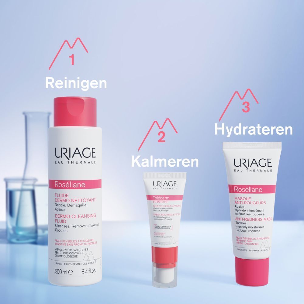 Witte doos Uriage Roséliane Anti-Rougeurs Mask. Productinformatie. 40ml, 1.35 fl.oz.