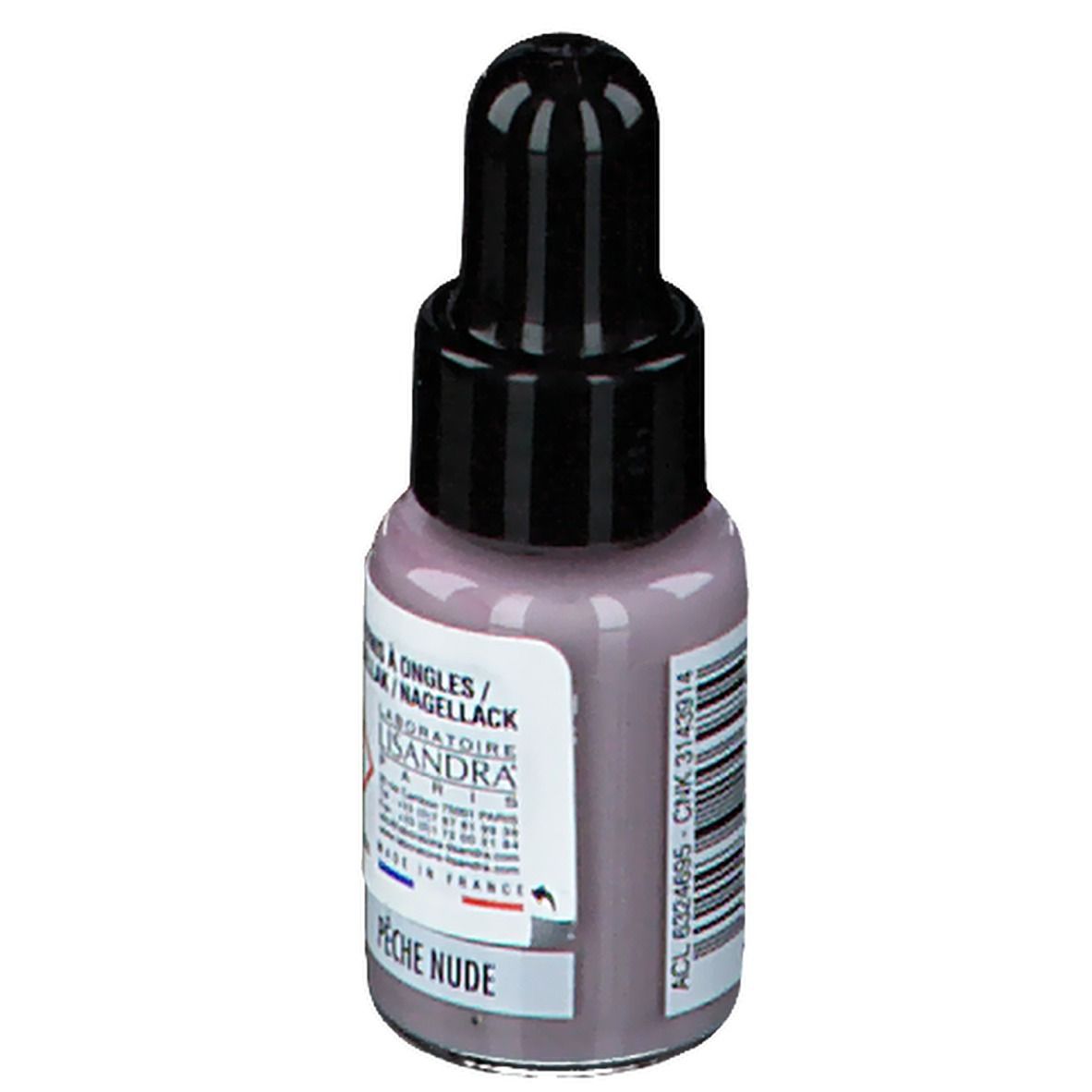 Flacon de vernis à ongles avec bouchon noir. Marque Lisandra, couleur Pêche Nude.