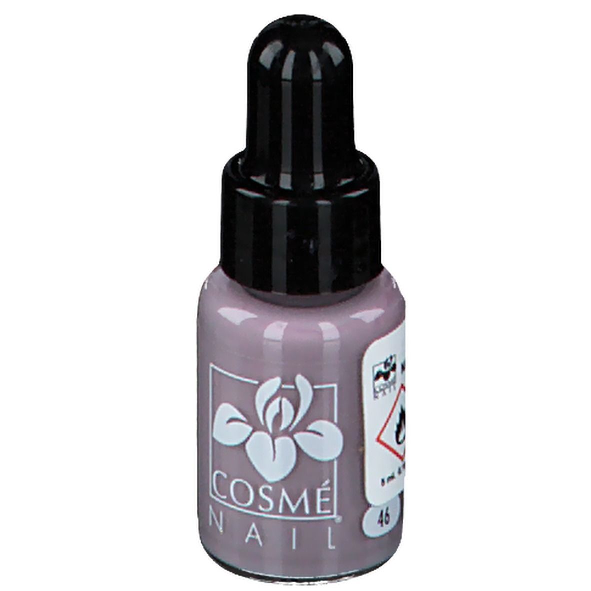 Flacon de vernis à ongles avec bouchon noir. Marque Cosmé Nail, couleur 46.