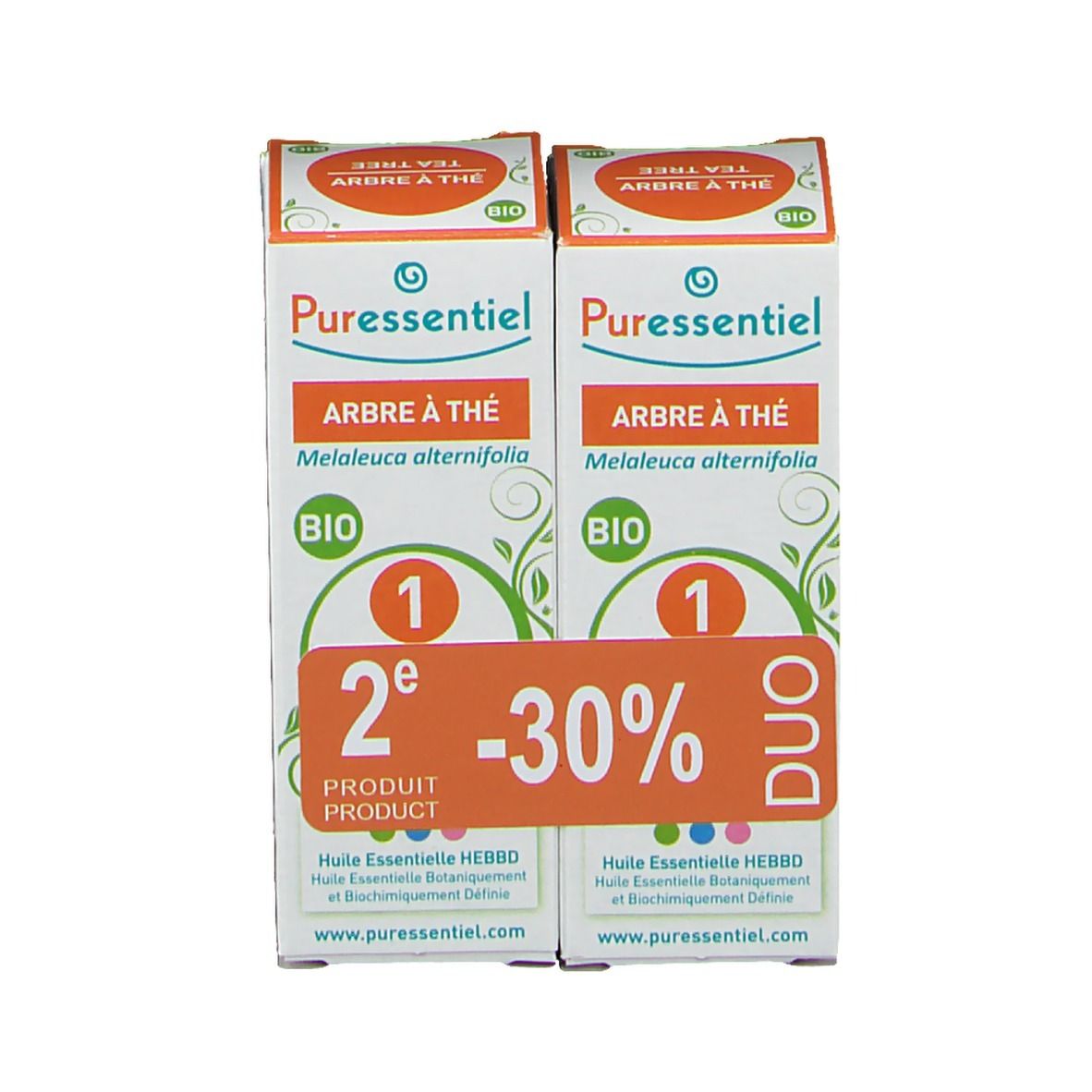 Deux boîtes. Inscription: Puressentiel, Arbre à thé, Bio, Duo, 2e produit -30%.