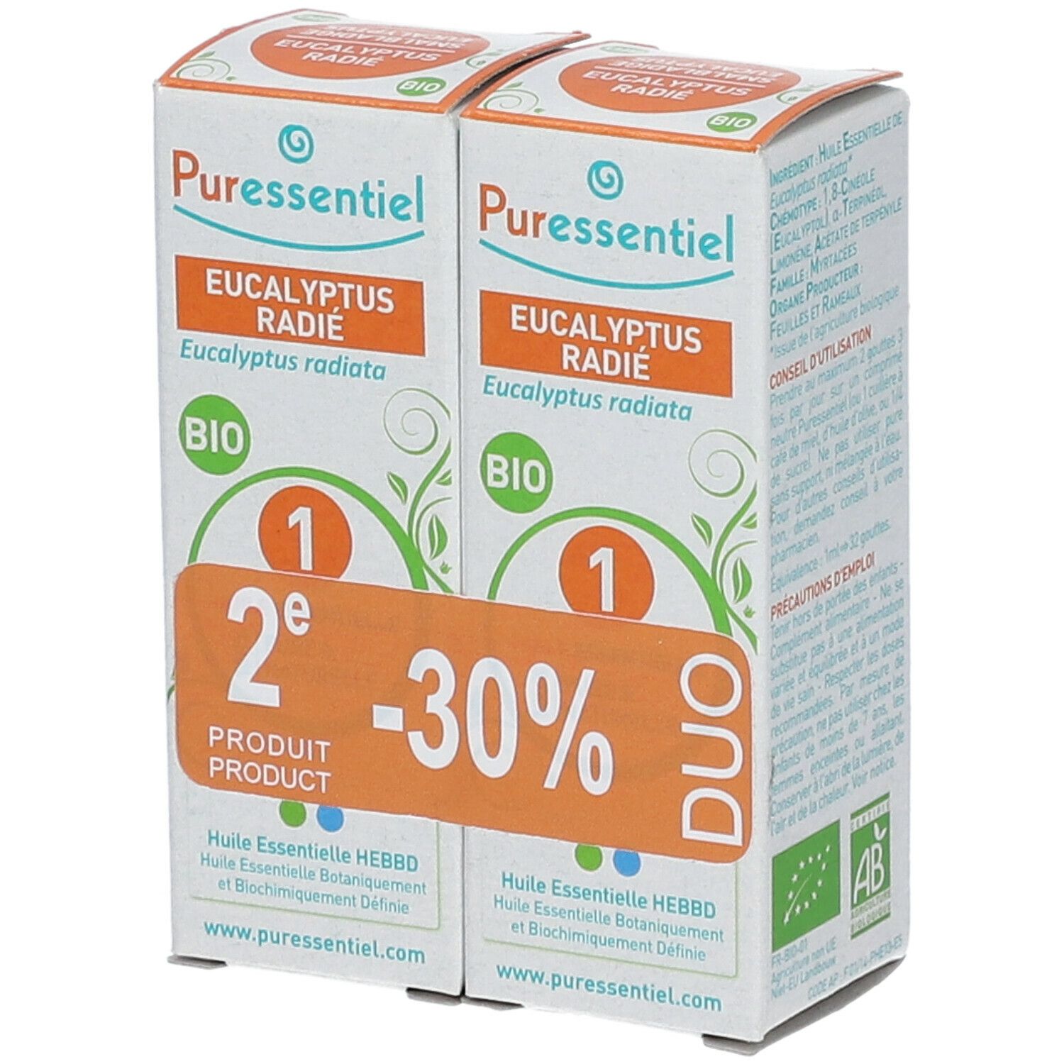 Deux boîtes Puressentiel Eucalyptus radié BIO. Étiquette orange "2e produit -30%". Label BIO.