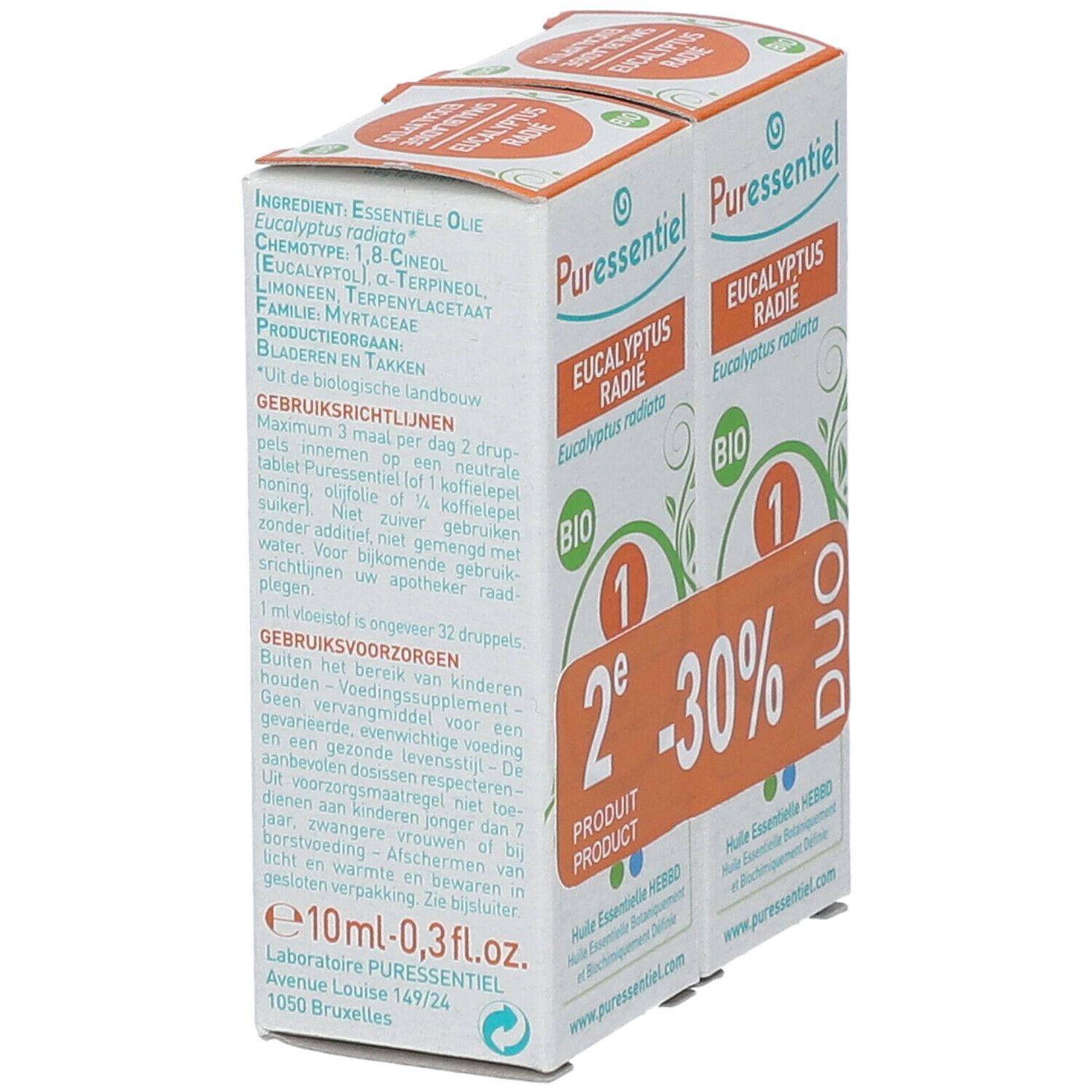 Deux boîtes Puressentiel Eucalyptus radié BIO. Texte et ingrédients sur le côté. Label BIO.
