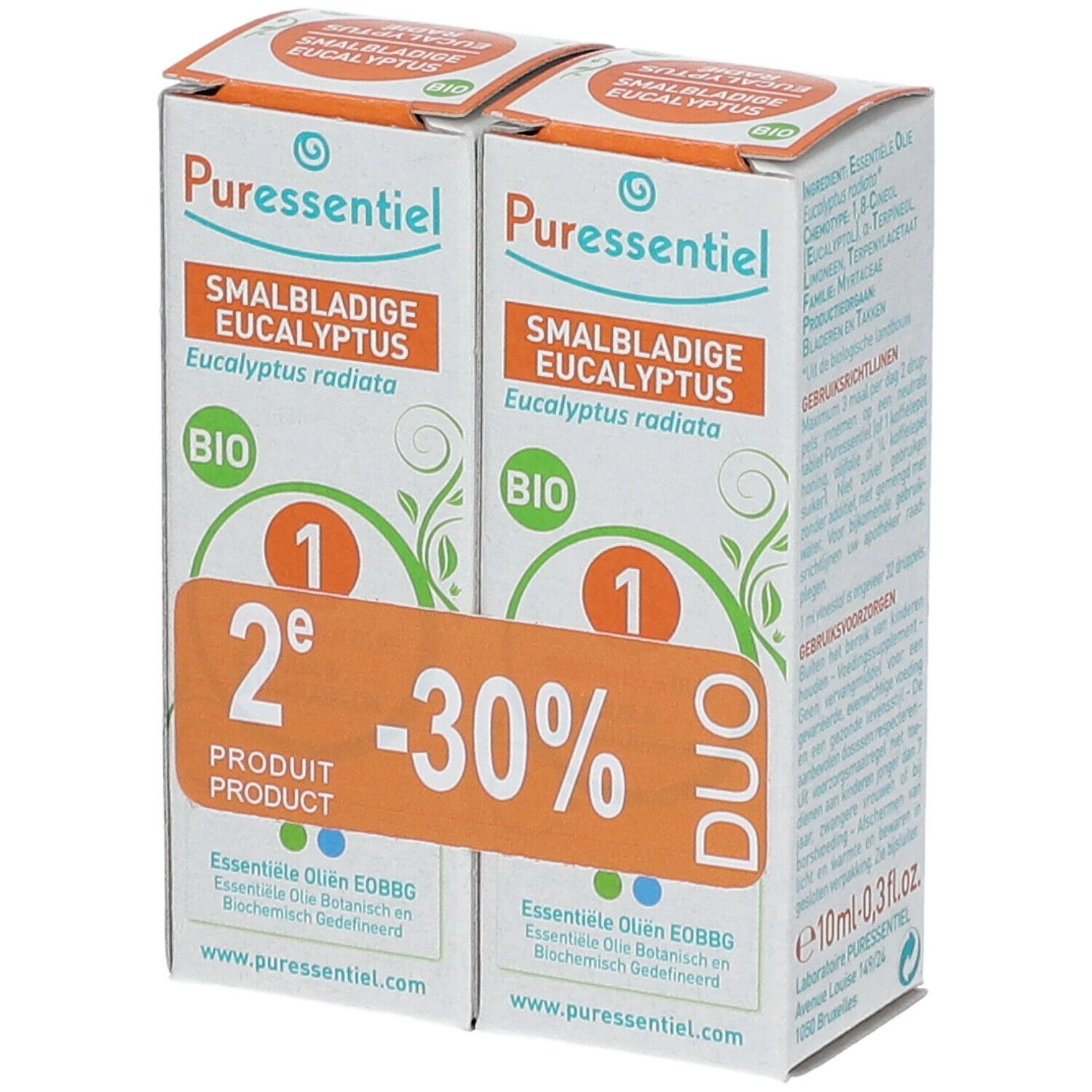 Deux boîtes Puressentiel Eucalyptus BIO. Étiquette orange "2e produit -30%". Label BIO.