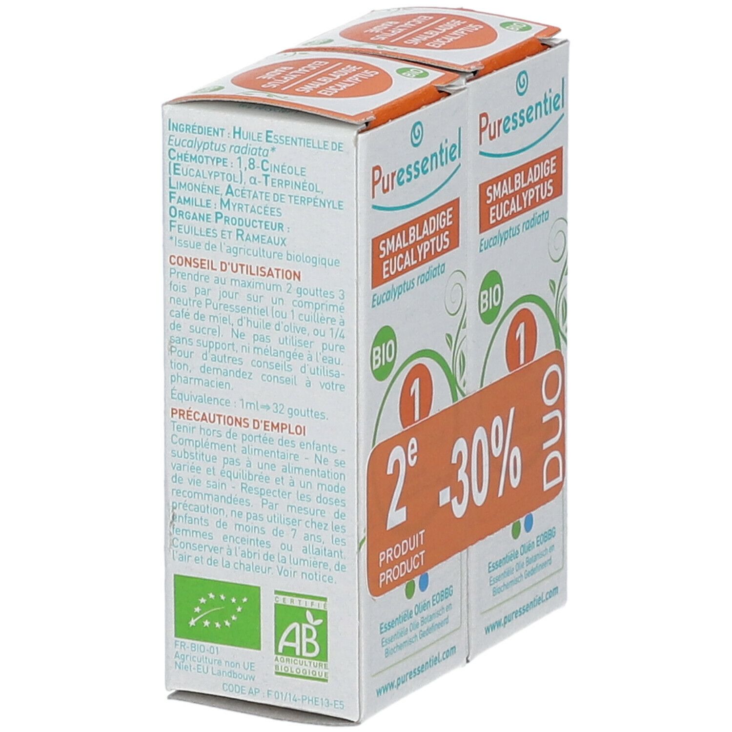 Deux boîtes Puressentiel Eucalyptus BIO. Texte et ingrédients sur le côté. Label BIO.