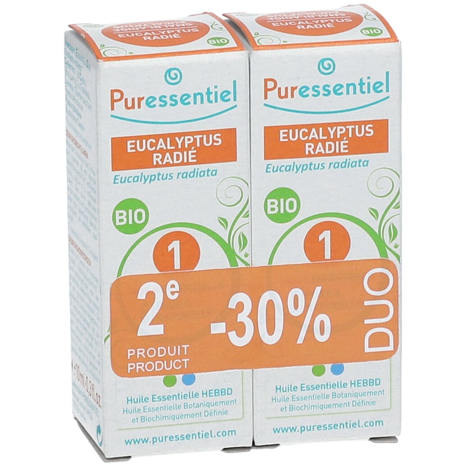 Deux boîtes Puressentiel Eucalyptus radié BIO. Étiquette orange "2e produit -30%". Label BIO.