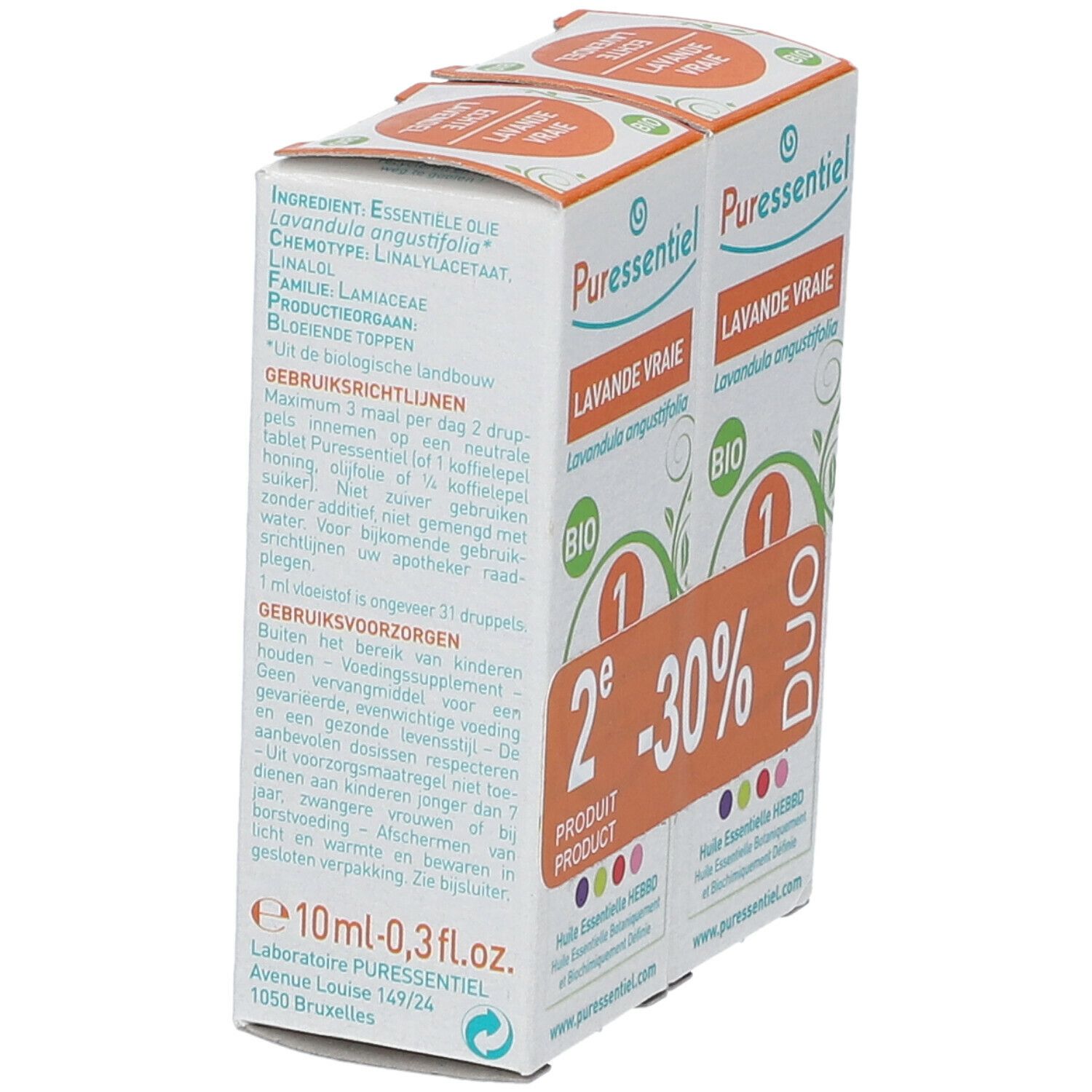Twee dozen "Lavande Vraie" met "BIO" logo. Gedrukte ingrediënten en gebruiksaanwijzing. "10ml-0,3fl.oz."