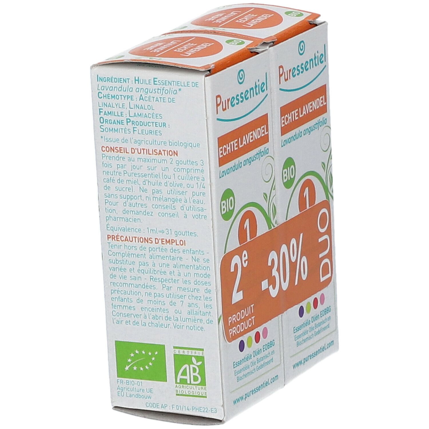 Twee dozen "Echte Lavendel" met "BIO" logo. Gedrukte ingrediënten en gebruiksaanwijzing. AB-label.