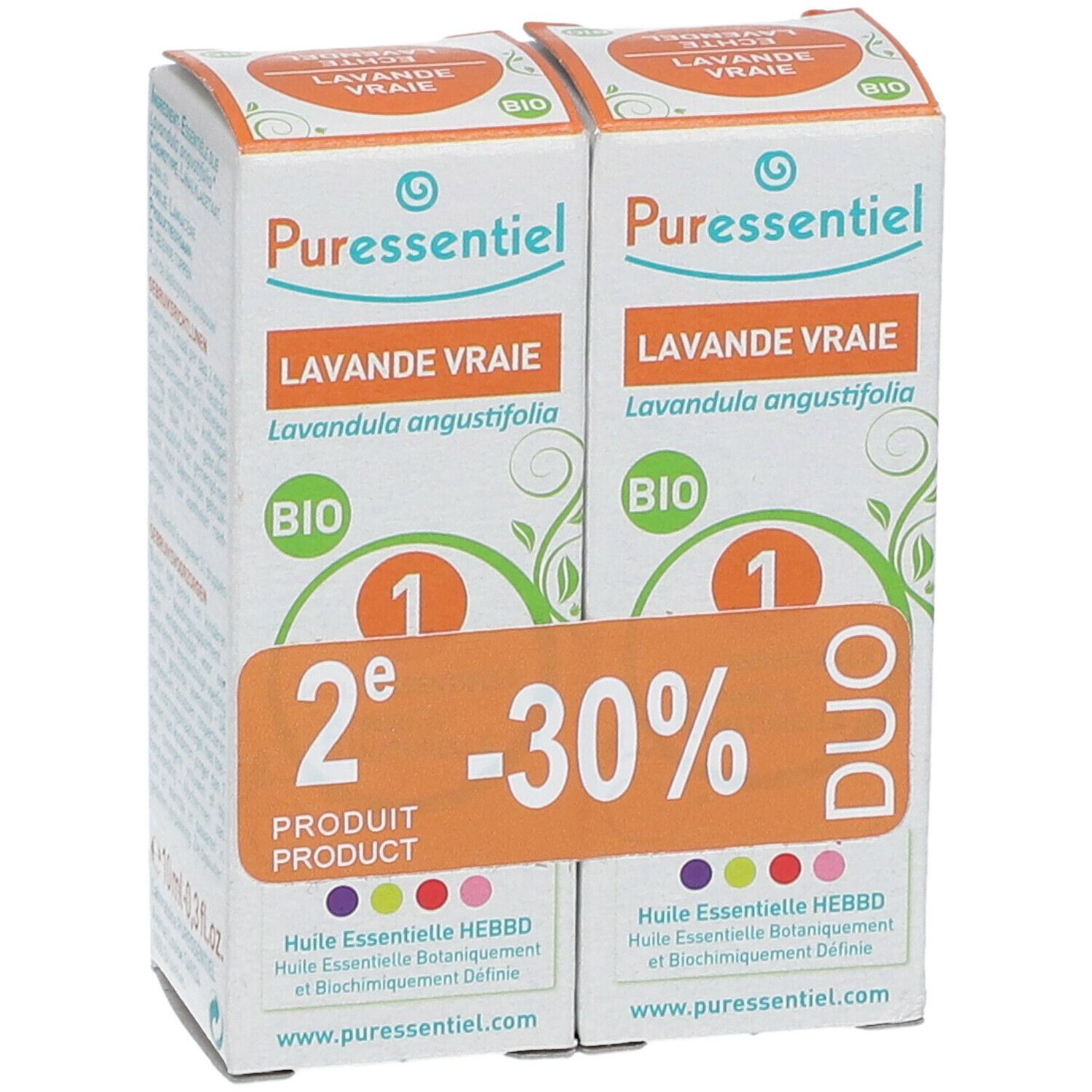 Twee dozen "Lavande Vraie" met "BIO" logo. Oranje sticker "2e -30%" en "DUO".
