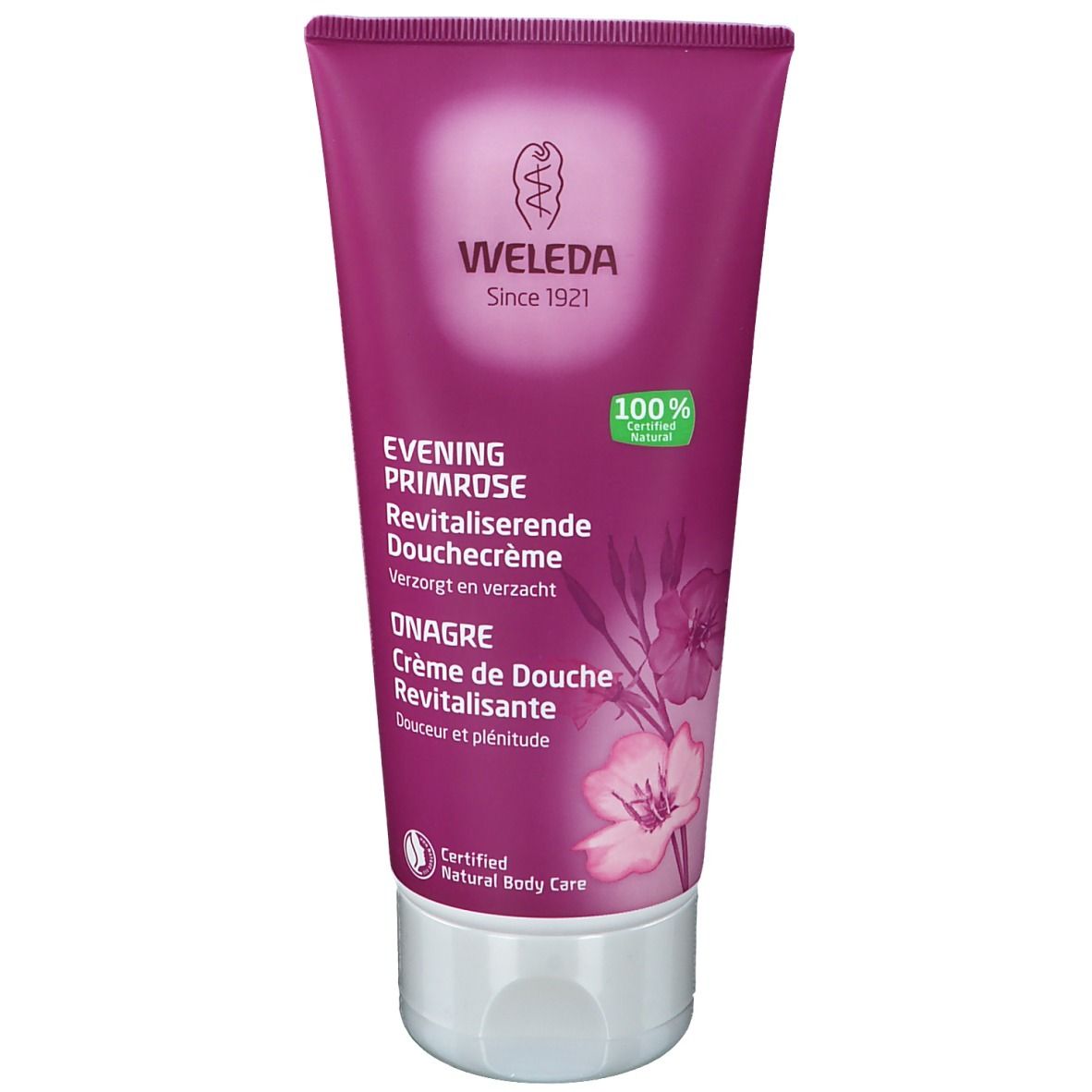Weleda Evening Primrose Soins Douche. Tube violet avec nom du produit et logo. Certifié naturel.