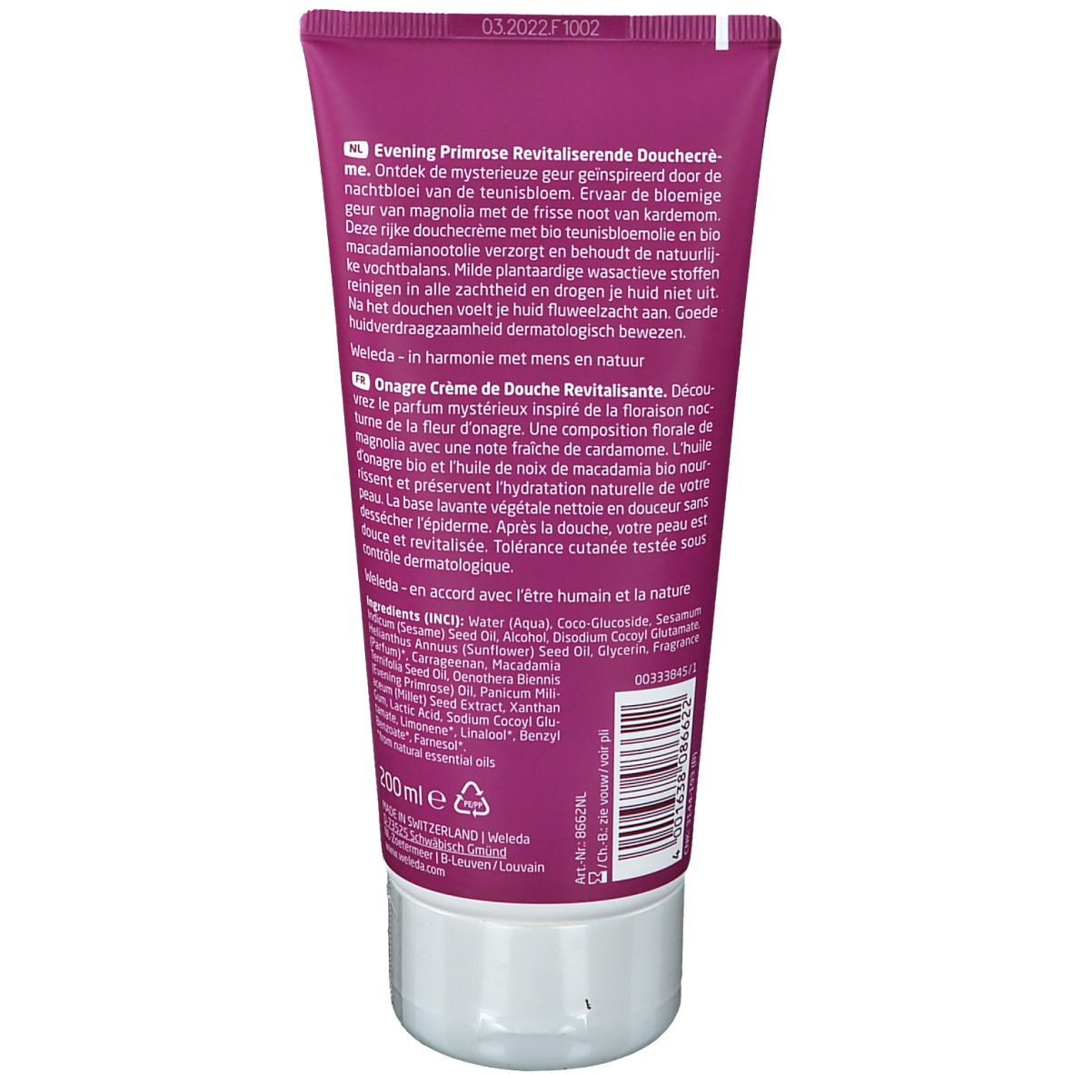 Dos du tube Weleda Evening Primrose Soins Douche. Texte multilingue. Ingrédients et certifications.