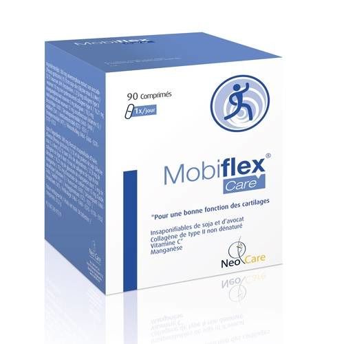 Boîte de Mobiflex Care avec 90 comprimés. Emballage bleu avec logo et informations produit. Contient soja, avocat, vitamine C et manganèse.