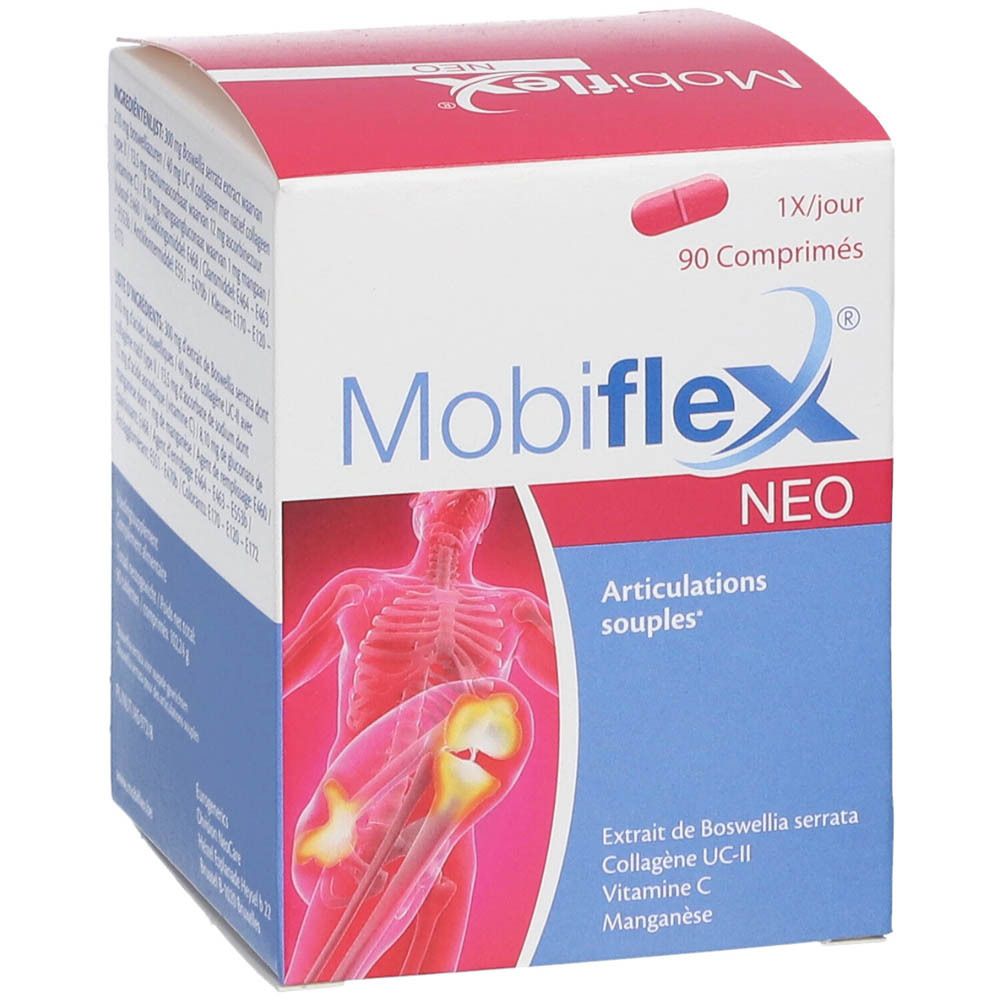Mobiflex Neo-verpakking. Bevat 90 tabletten. Bevat Boswellia serrata, UC-II collageen, vitamine C en mangaan. Blauwe en rode verpakking.