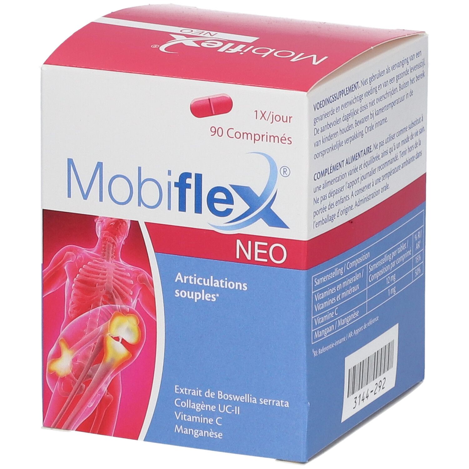 Mobiflex Neo-verpakking. Bevat 90 tabletten. Bevat Boswellia serrata, UC-II collageen, vitamine C en mangaan. Blauwe en rode verpakking.