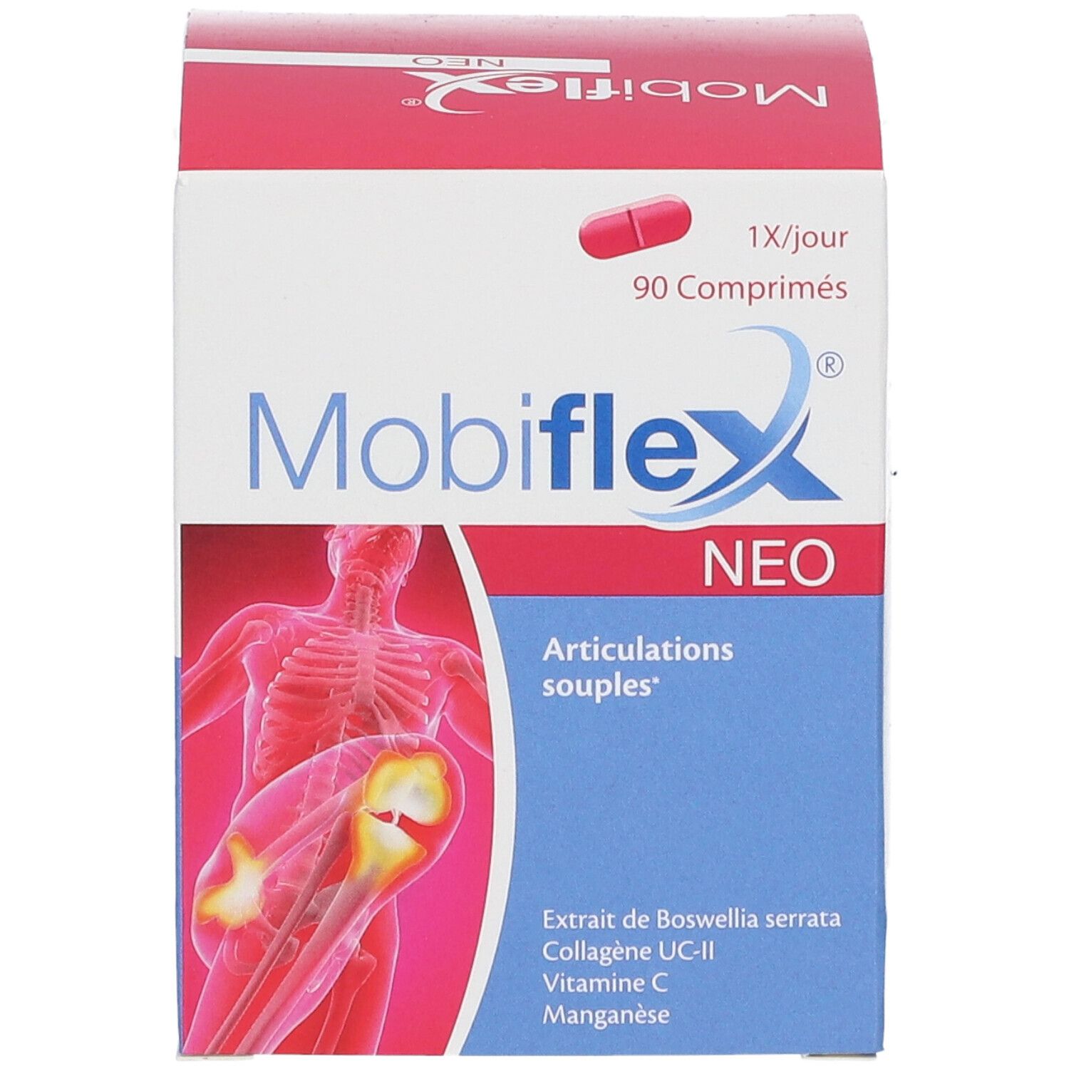 Mobiflex Neo-verpakking. Bevat 90 tabletten. Bevat Boswellia serrata, UC-II collageen, vitamine C en mangaan. Blauwe en rode verpakking.