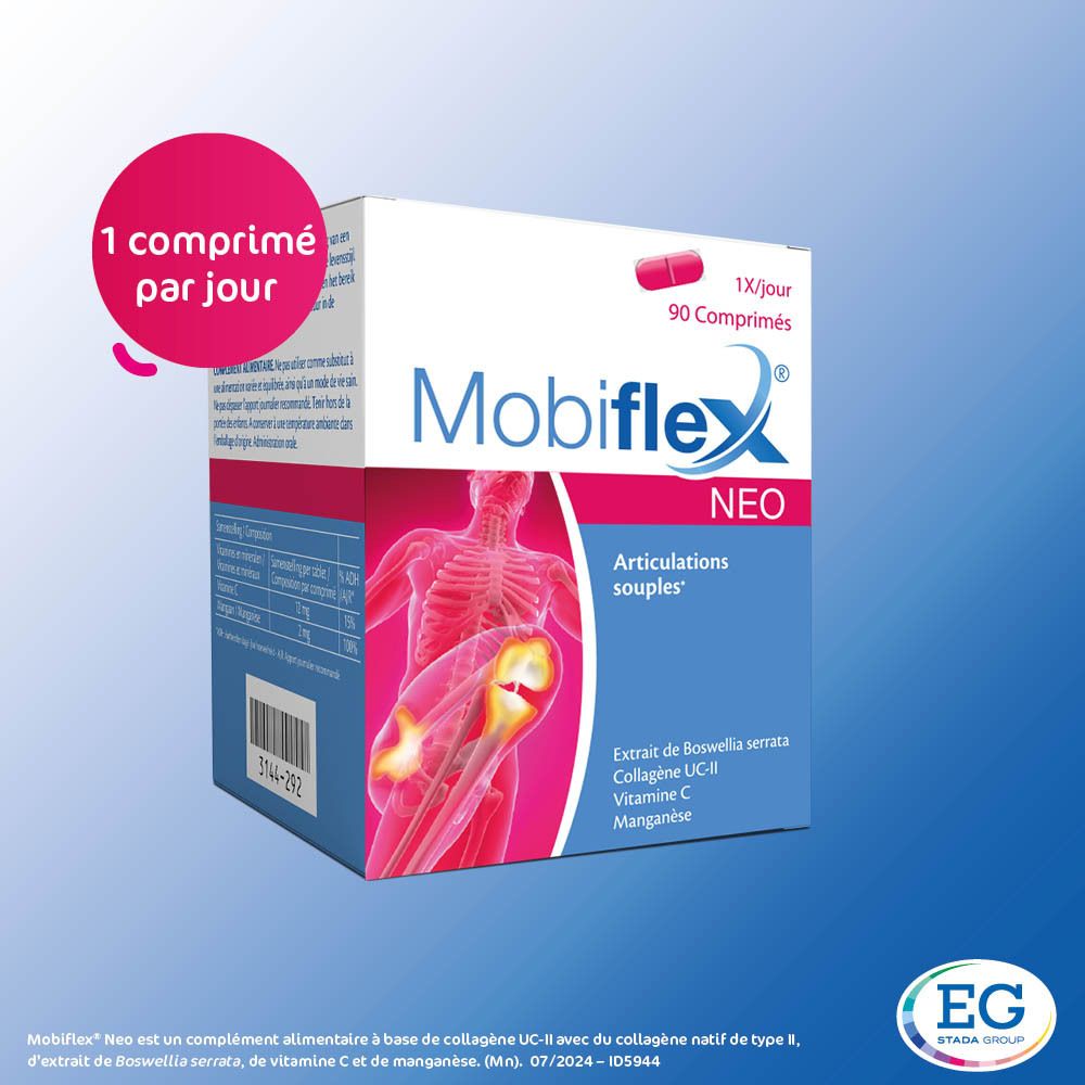 Boîte de Mobiflex Neo, 90 comprimés. Contient Boswellia serrata, collagène UC-II, vitamine C et manganèse. Emballage bleu et rouge.