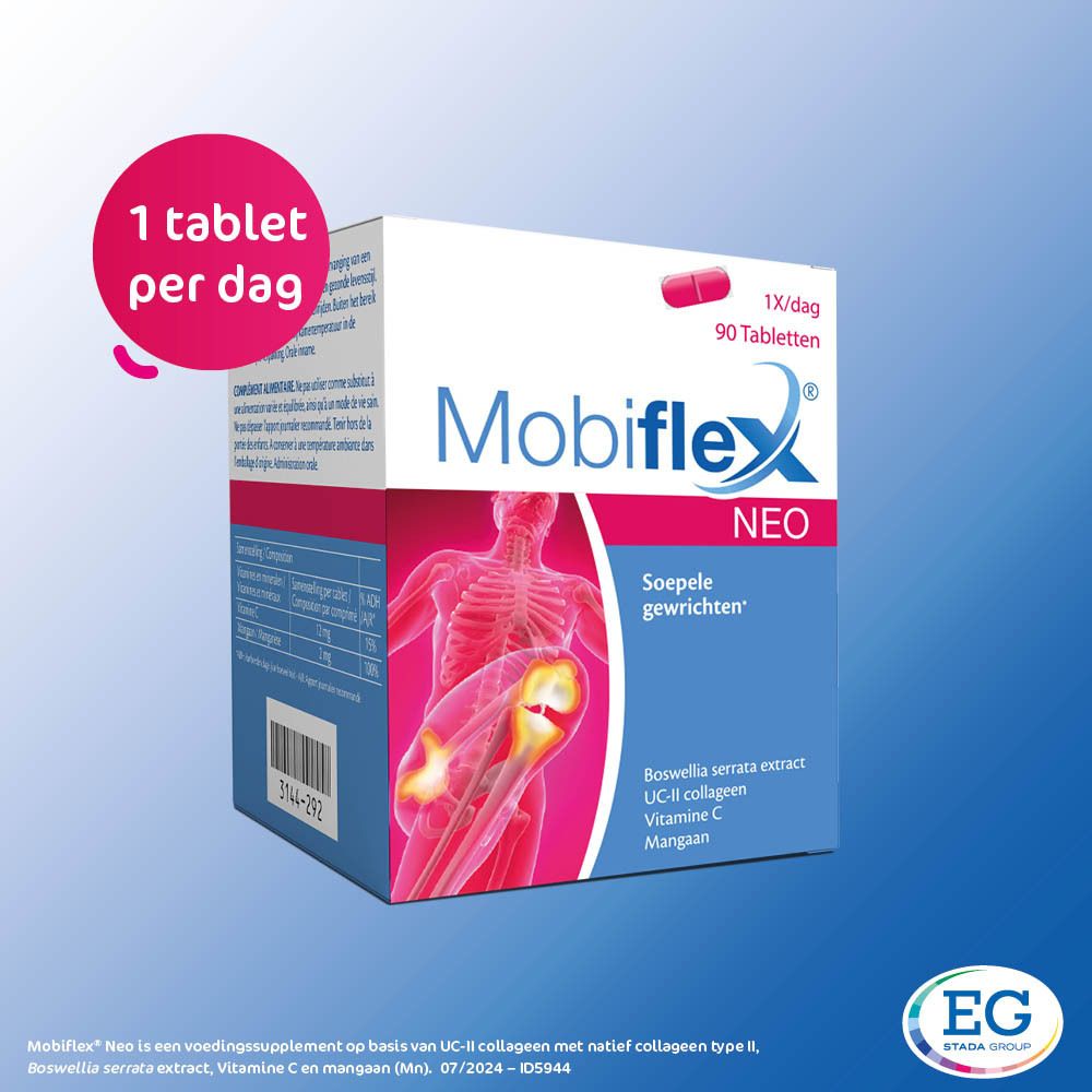 Mobiflex Neo-verpakking. Bevat 90 tabletten. Bevat Boswellia serrata, UC-II collageen, vitamine C en mangaan. Blauwe en rode verpakking.