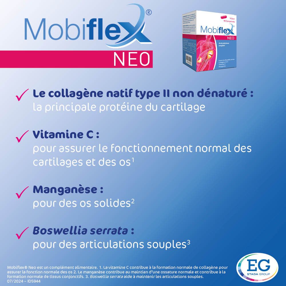 Boîte de Mobiflex Neo, 90 comprimés. Contient Boswellia serrata, collagène UC-II, vitamine C et manganèse. Emballage bleu et rouge.