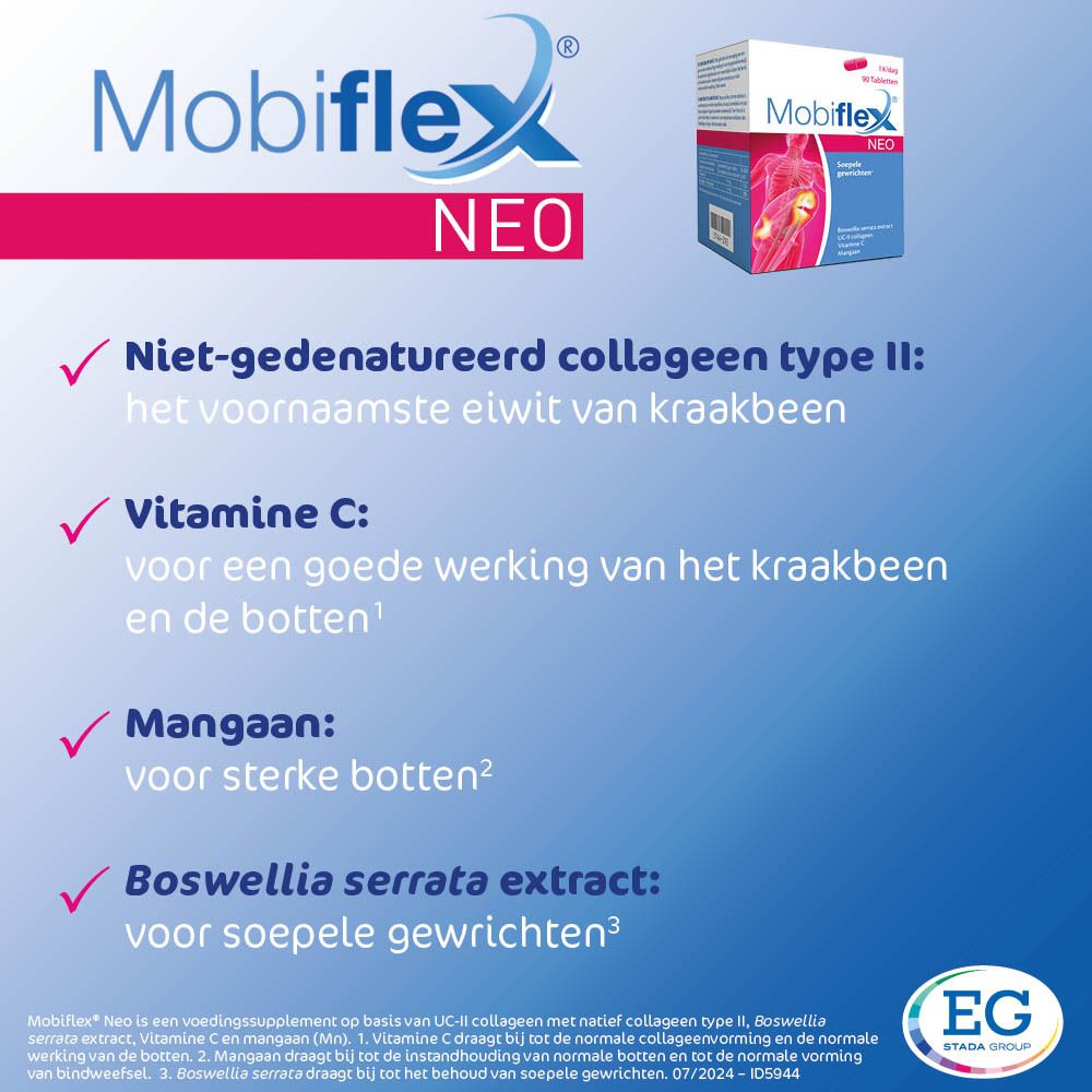 Mobiflex Neo-verpakking. Bevat 90 tabletten. Bevat Boswellia serrata, UC-II collageen, vitamine C en mangaan. Blauwe en rode verpakking.