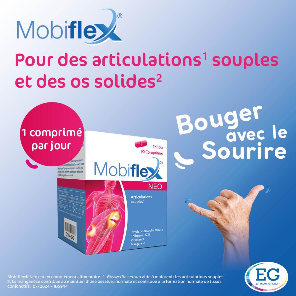 Boîte de Mobiflex Neo, 90 comprimés. Contient Boswellia serrata, collagène UC-II, vitamine C et manganèse. Emballage bleu et rouge.