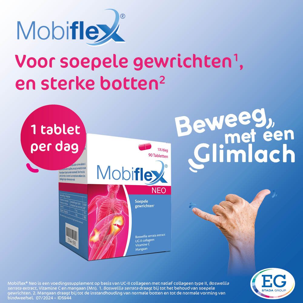 Mobiflex Neo-verpakking. Bevat 90 tabletten. Bevat Boswellia serrata, UC-II collageen, vitamine C en mangaan. Blauwe en rode verpakking.