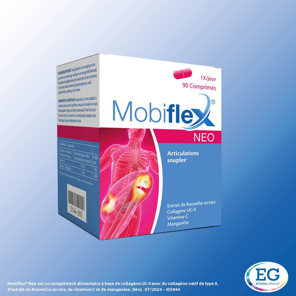 Boîte de Mobiflex Neo, 90 comprimés. Contient Boswellia serrata, collagène UC-II, vitamine C et manganèse. Emballage bleu et rouge.
