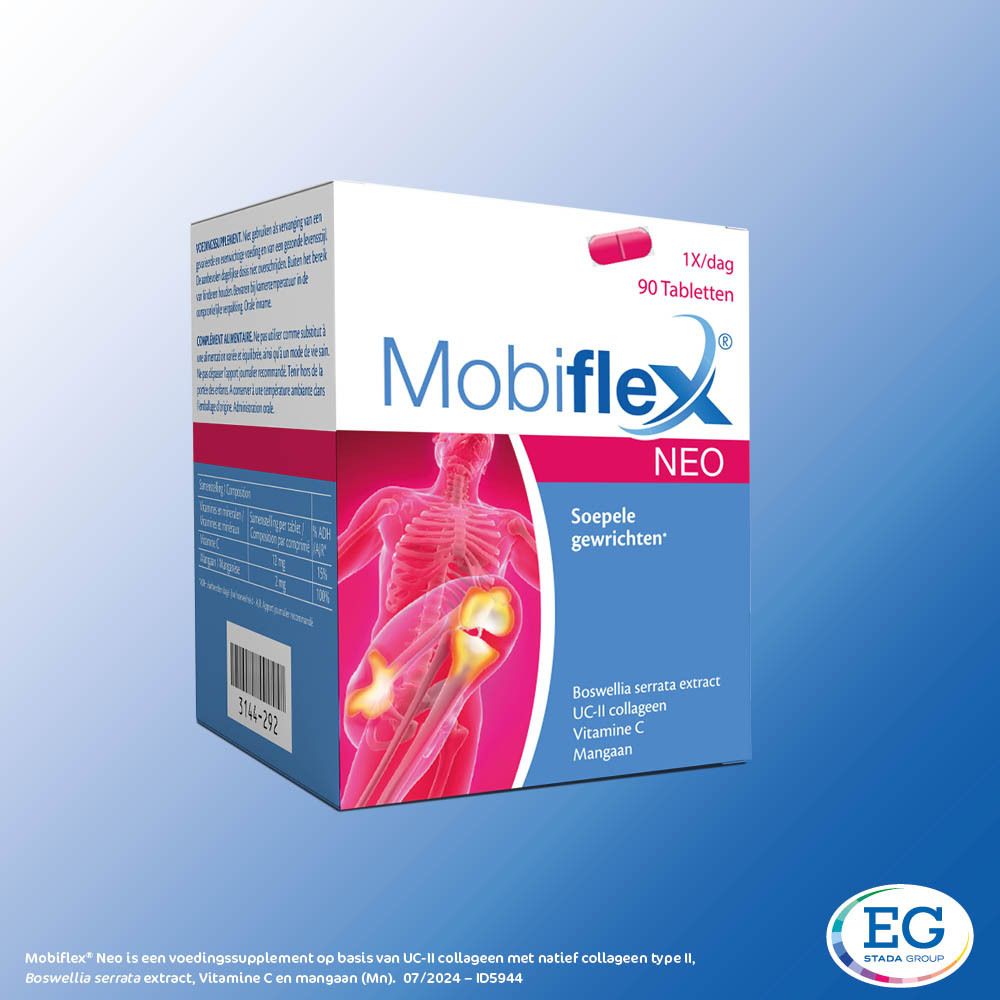 Mobiflex Neo-verpakking. Bevat 90 tabletten. Bevat Boswellia serrata, UC-II collageen, vitamine C en mangaan. Blauwe en rode verpakking.