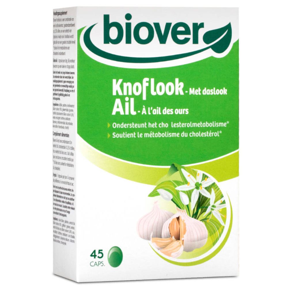 Boîte avec logo et nom du produit. Illustration d'ail et de fleurs. Contient 45 capsules.