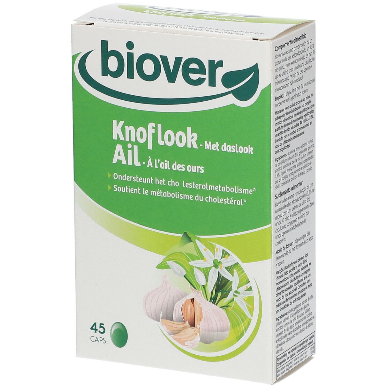 Boîte avec logo et nom du produit. Illustration d'ail et de fleurs. Contient 45 capsules.