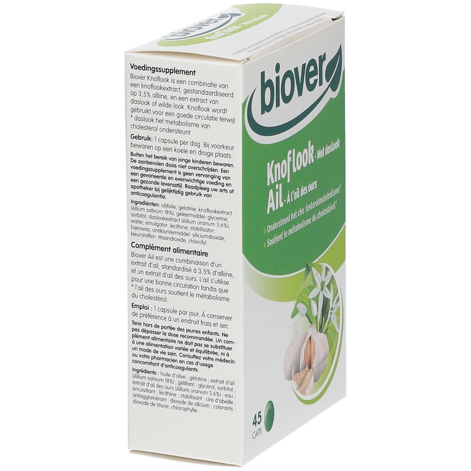 Boîte avec logo et nom du produit. Illustration d'ail et de fleurs. Contient 45 capsules.