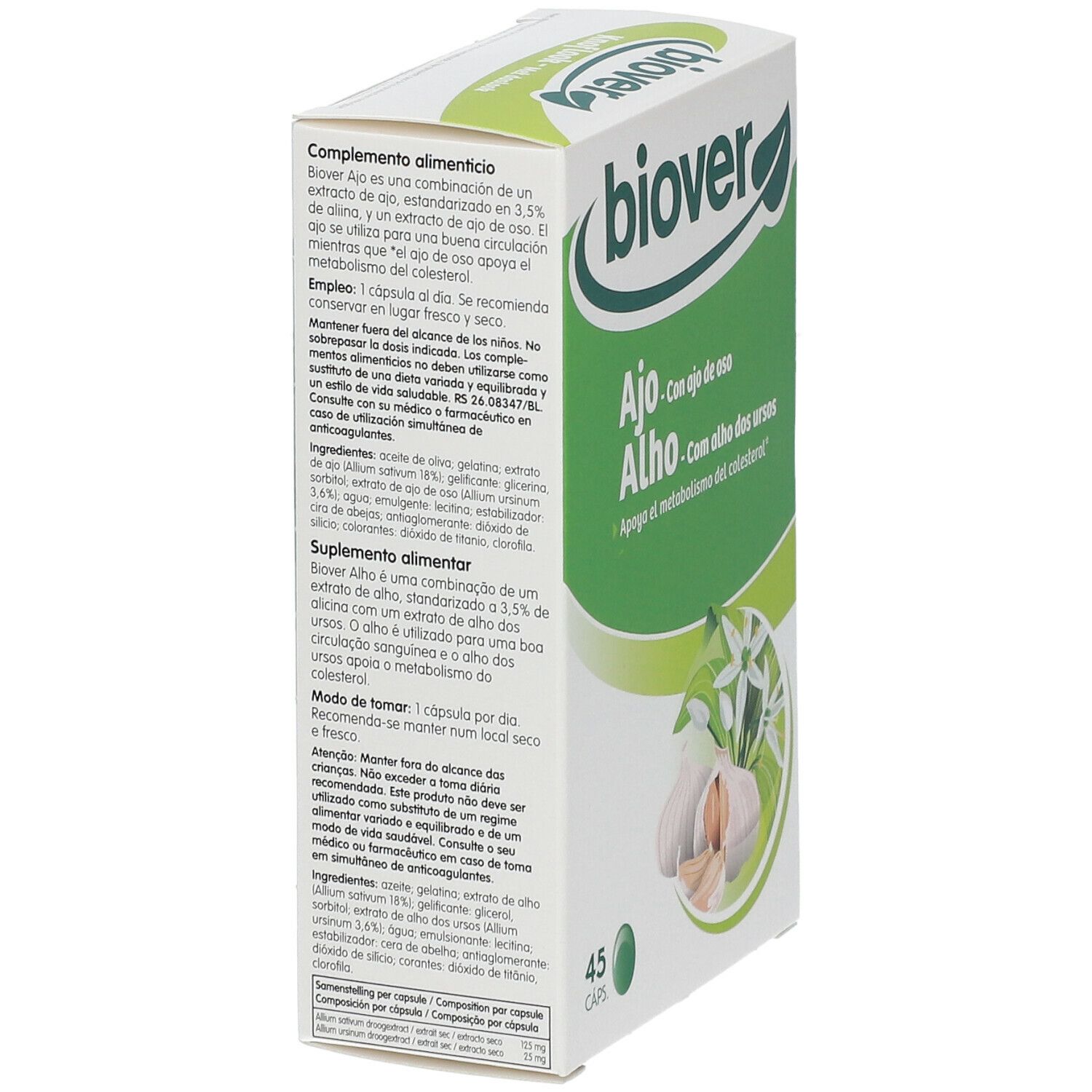 Boîte avec logo et nom du produit. Illustration d'ail et de fleurs. Contient 45 capsules.