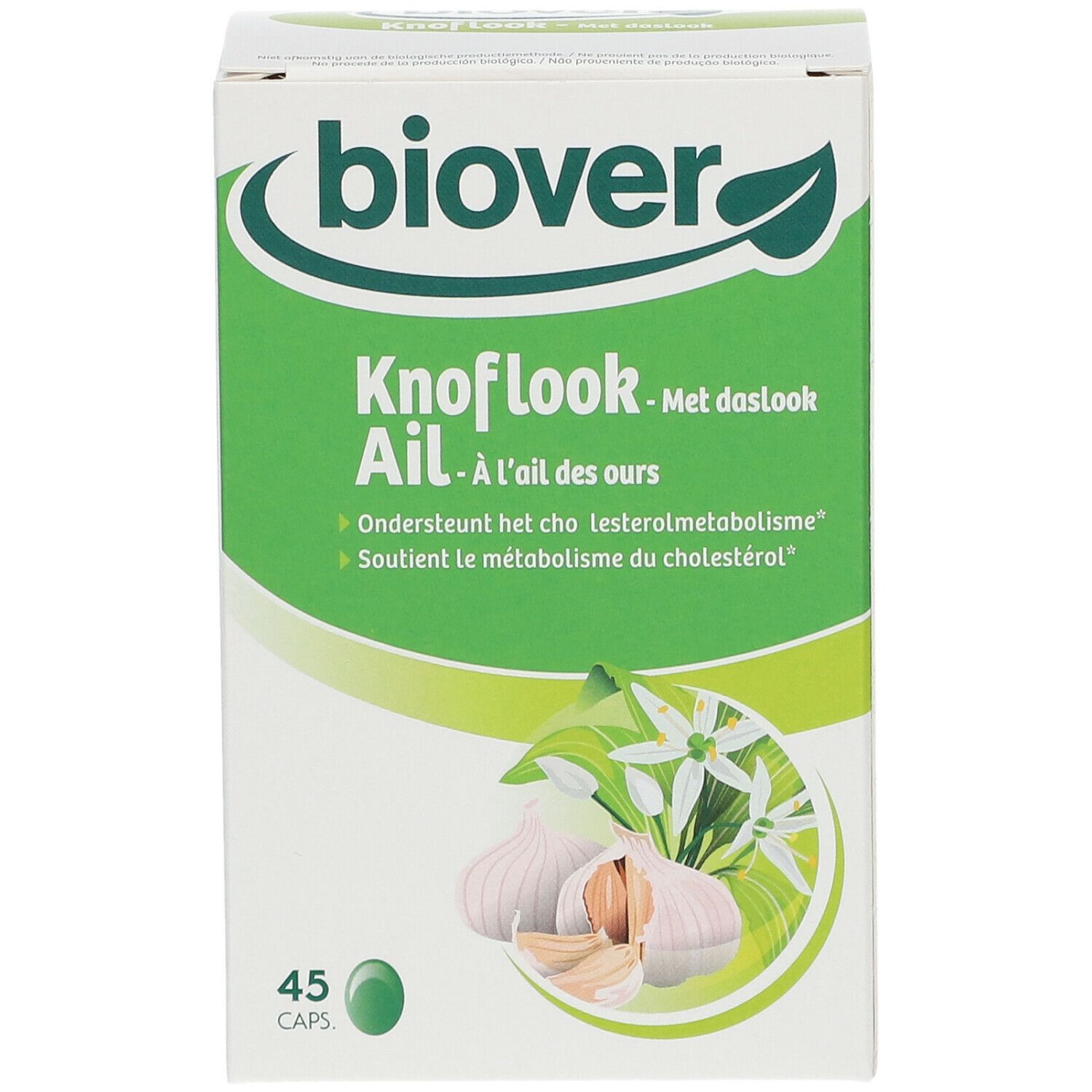 Boîte avec logo et nom du produit. Illustration d'ail et de fleurs. Contient 45 capsules.