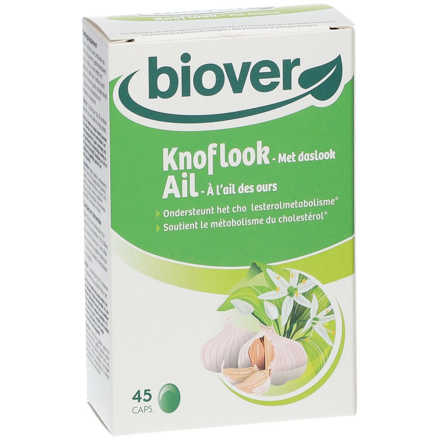 Boîte avec logo et nom du produit. Illustration d'ail et de fleurs. Contient 45 capsules.
