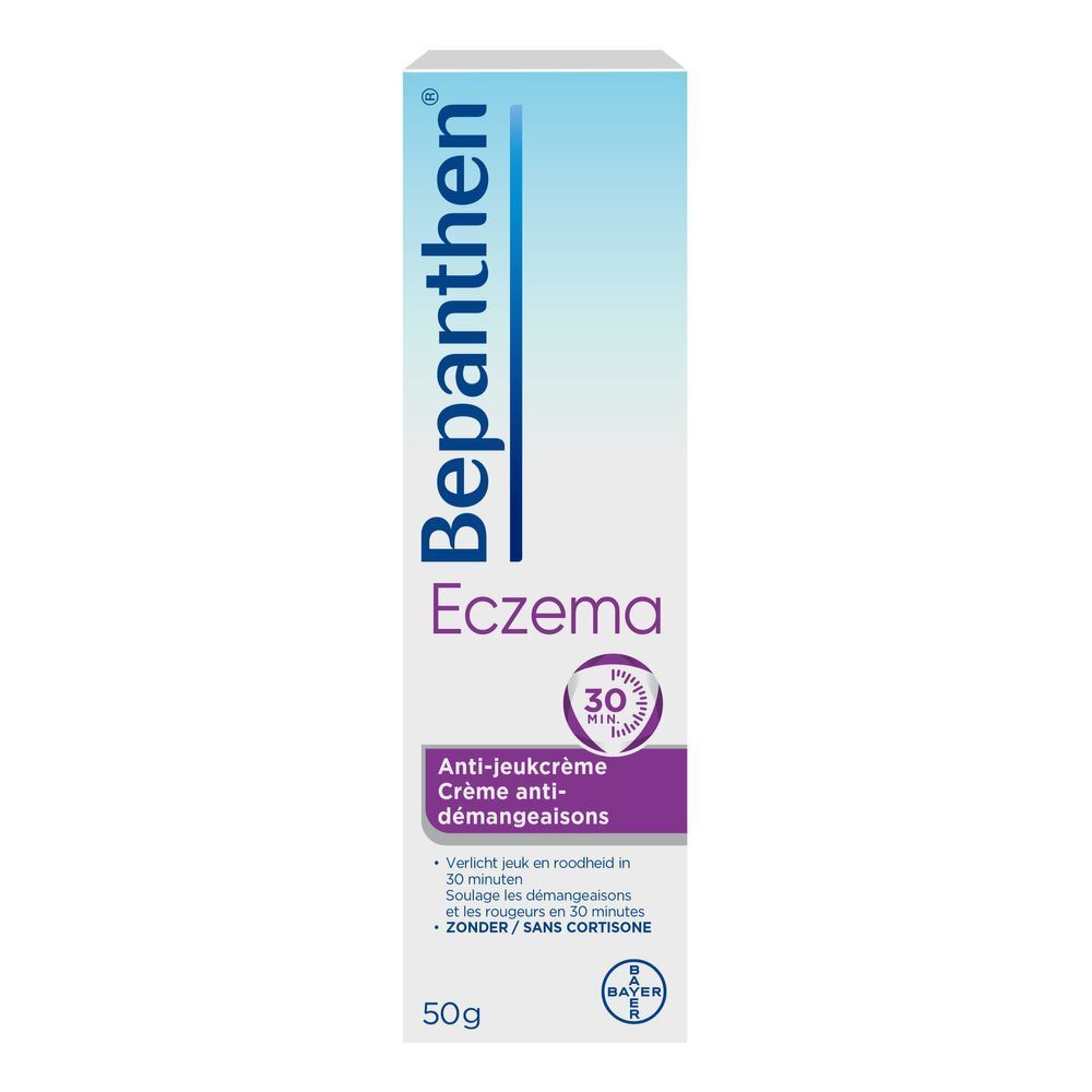 Bepanthen Eczema tube. Blauwe en witte tube met productnaam en tekst.