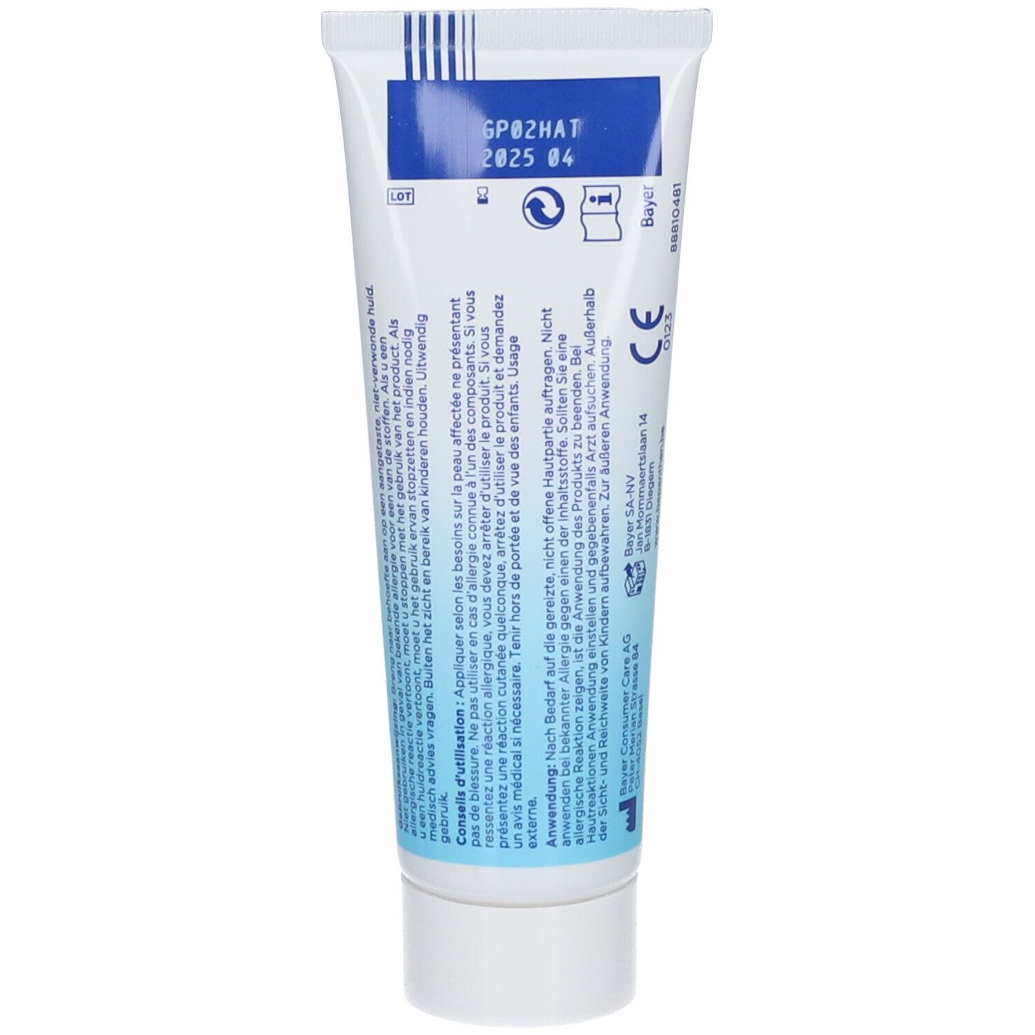 Achterkant van de Bepanthen Eczema crème tube. Tekst en logo's op witte achtergrond.