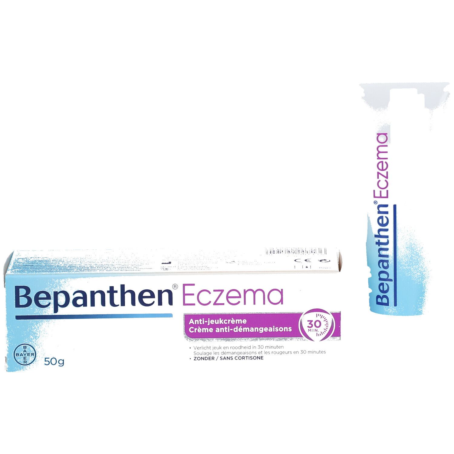 Bepanthen Eczema crème tube en doos. Doos en tube met productnaam.