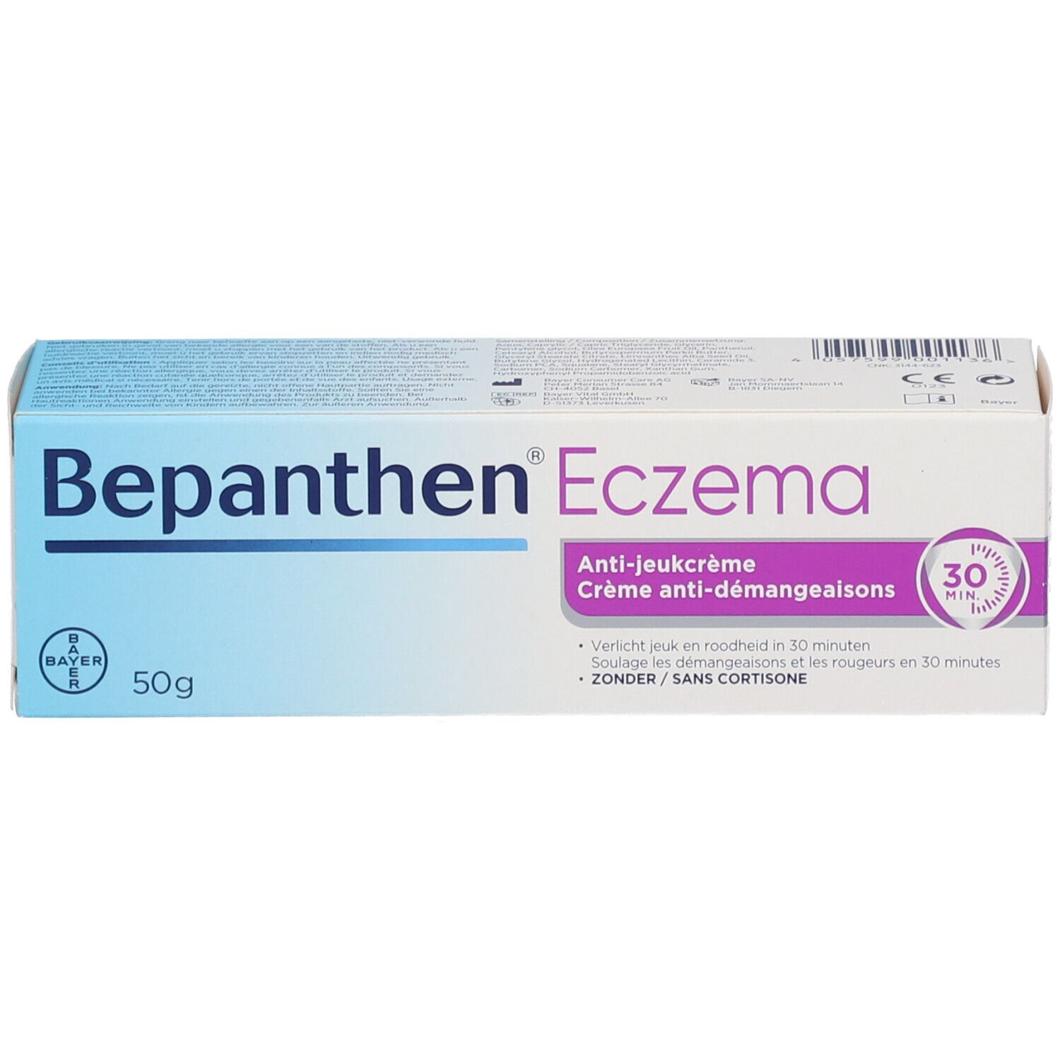 Bepanthen Eczema doos. Witte doos met productnaam en tekst.