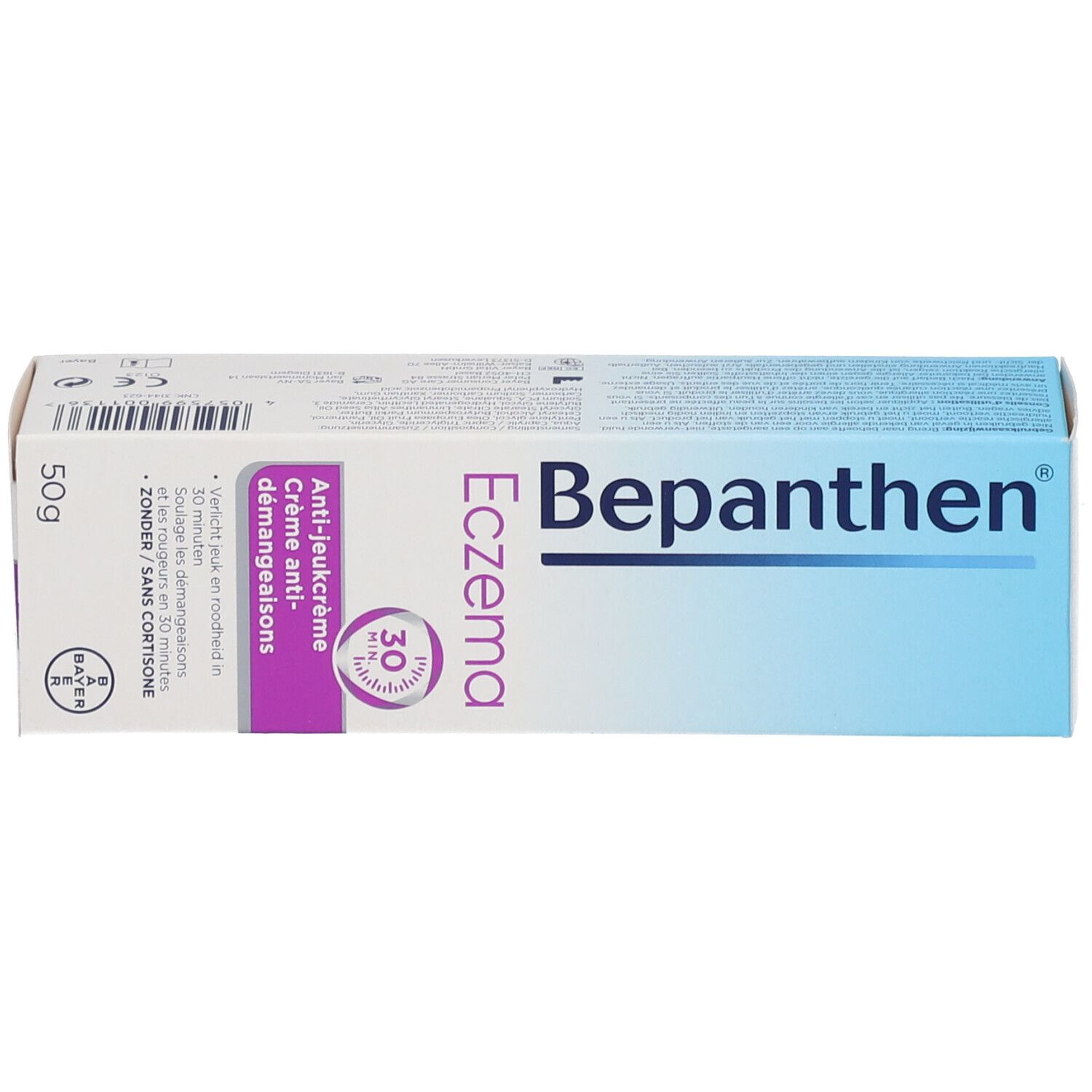 Bepanthen Eczema doos. Witte doos met productnaam en tekst.