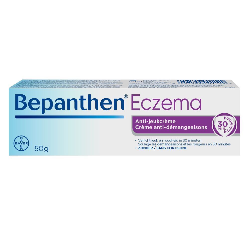 Bepanthen Eczema tube. Blauwe en witte tube met productnaam en tekst.