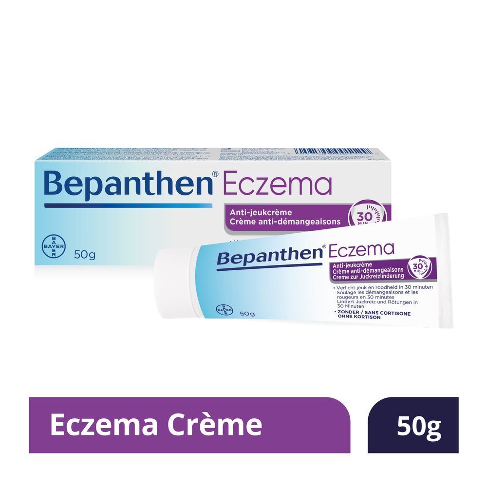 Bepanthen Eczema tube en doos. Productnamen op beide.
